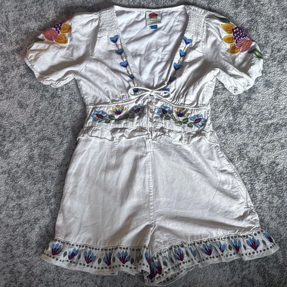 Anthropology x Farm Rio Embroidered Peplum Romper Summer Garden Size: Small - Picture 3 of 8